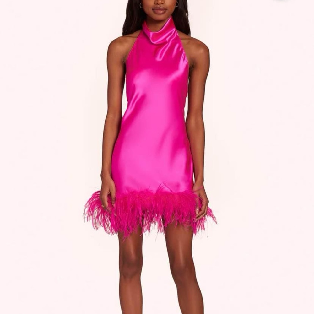 Amanda Uprichard pink halter dress with feathers